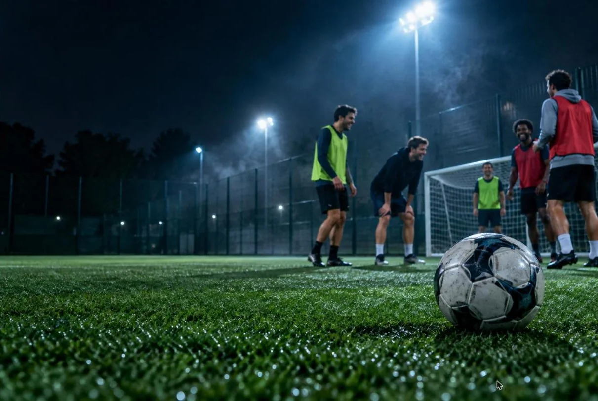 Un campo da calcetto di sera, con il pallone al centro sotto i riflettori