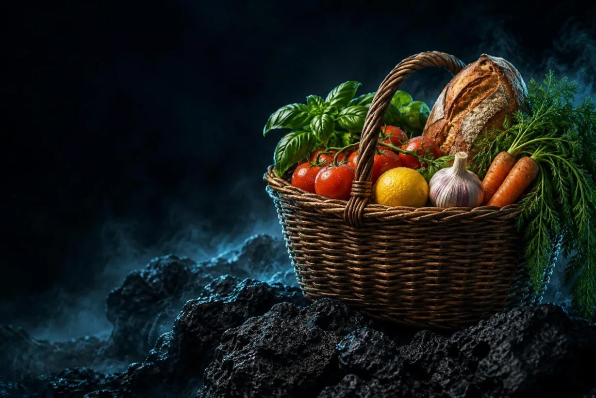 Un cesto pieno di verdura, pane e frutta fresca