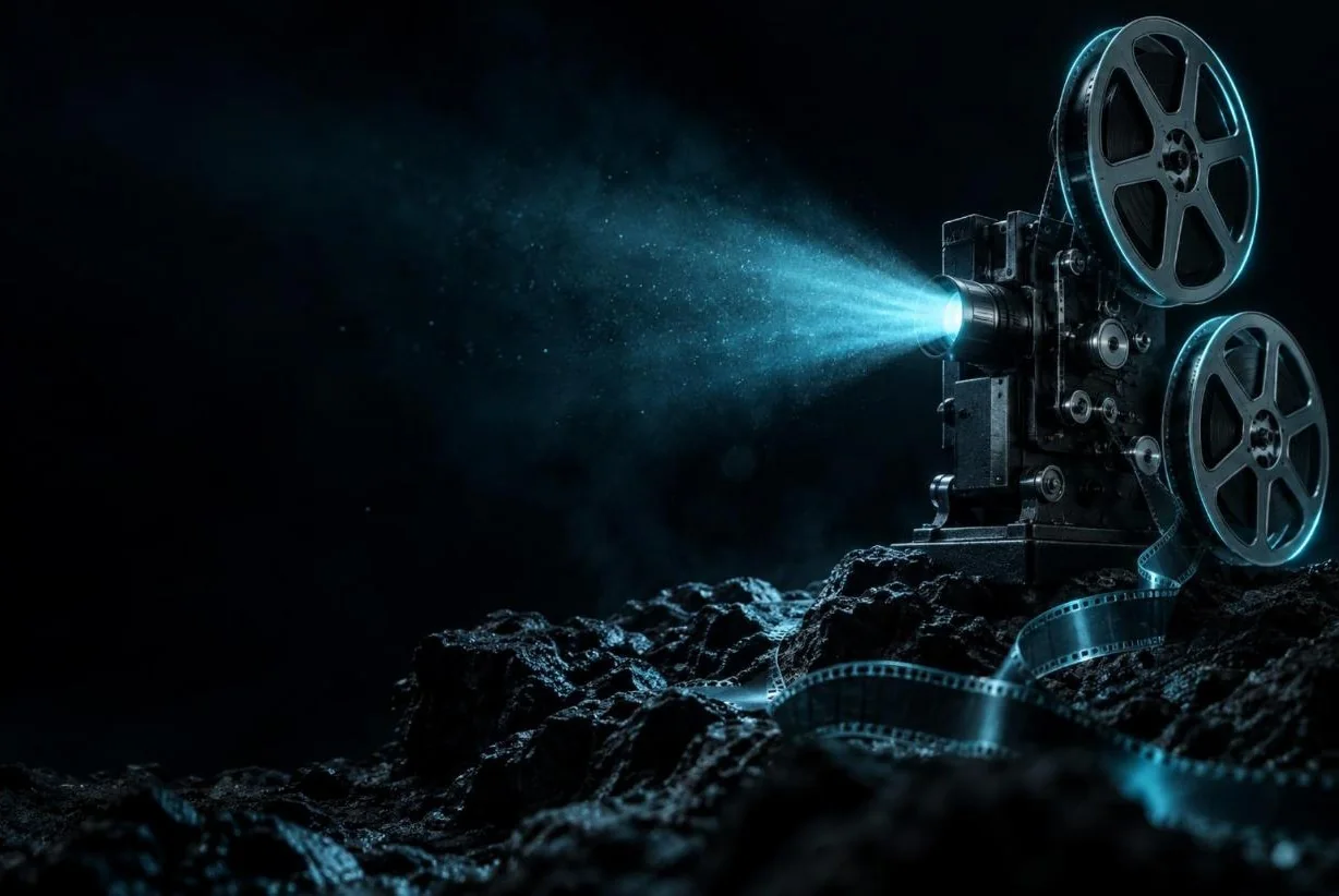 Un proiettore da cinema che lancia un fascio di luce azzurra nel buio
